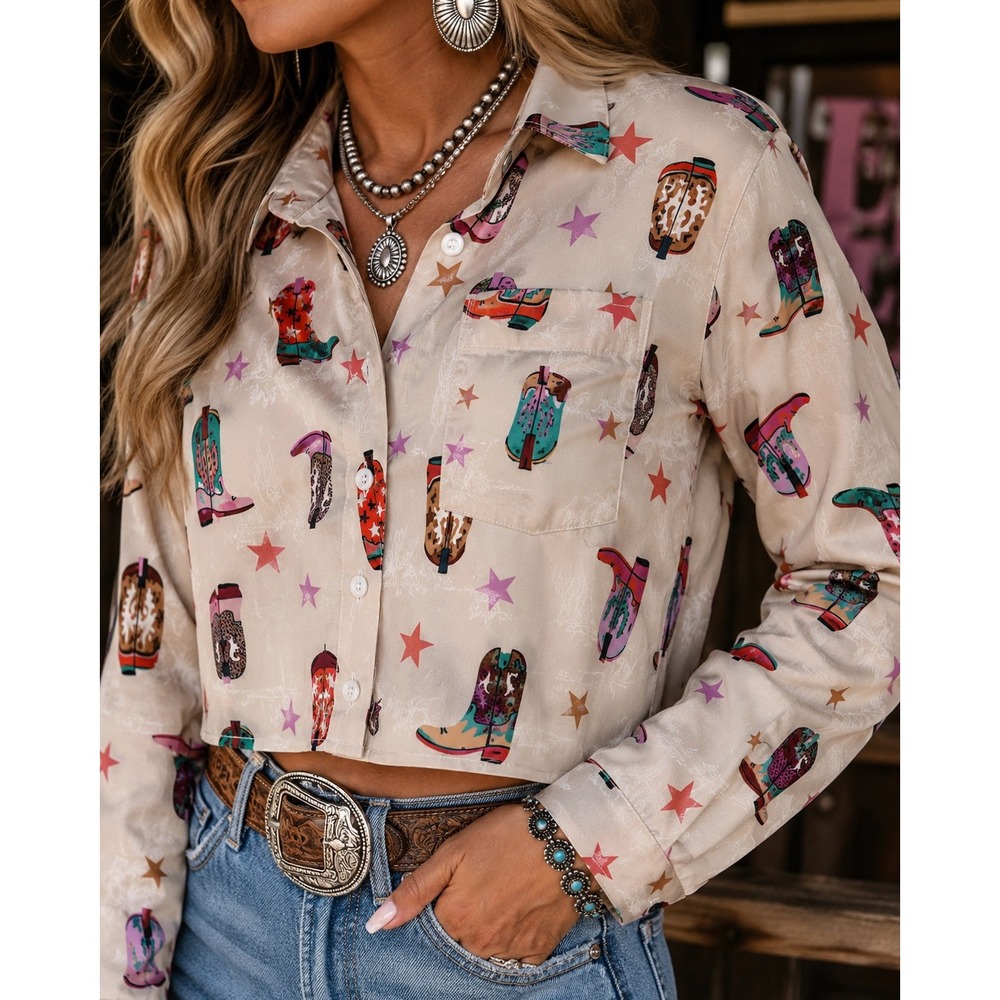 Nylon Apparel Womens Large Tan Cowboy Boot Star Print Cropped Western Shirt